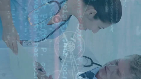 Animation of connected icons and computer language over diverse doctors Stock Footage 312874499