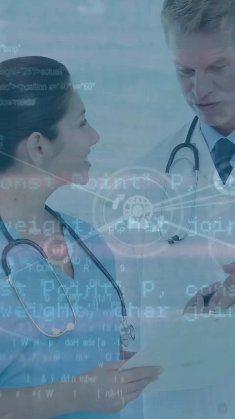 Animation of connected icons and computer language over diverse doctors Stock Footage 321441014