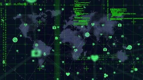 Animation of connected icons and computer language over dots forming map on Stock Footage 325704768