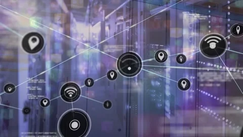 Animation of connected icons and computer programming language over server room 動画素材 329693629