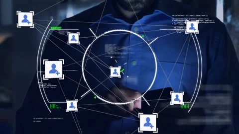 Animation of connected icons and computer language over caucasian man scrolling Stock Footage 330469791