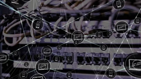 Animation of connected icons and dots with lines over wires attached to back Video stock 229206313