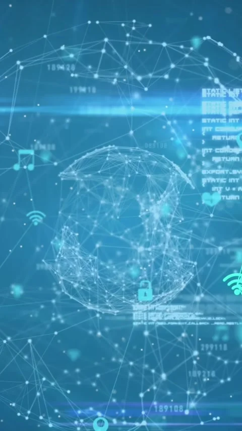 Animation of connected icons and dots forming globes against abstract background Vidéo 319222354