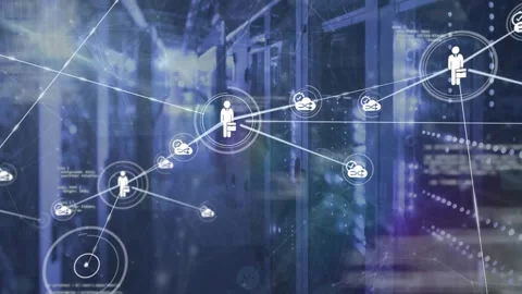 Animation of connected icons and dots with programming language over server room 動画素材 326626039