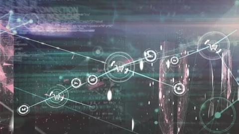 Animation of connected icons and dots, graphs, globe and computer language on Stock Footage 326628882
