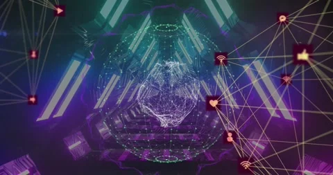 Animation of connected icons and dots forming globes over triangular tunnel in Stock Footage 328408615