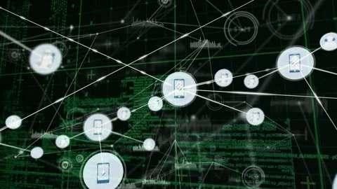 Animation of connected icons and graphs over programming language against black 動画素材 326757503