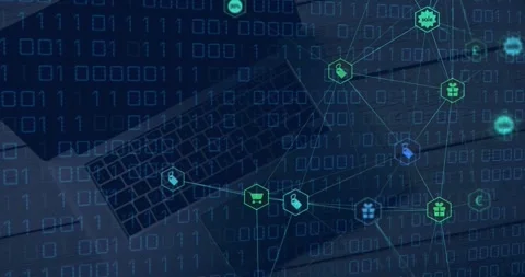 Animation of connected icons and looping binary codes, overhead view of laptop Stock Footage 247316764