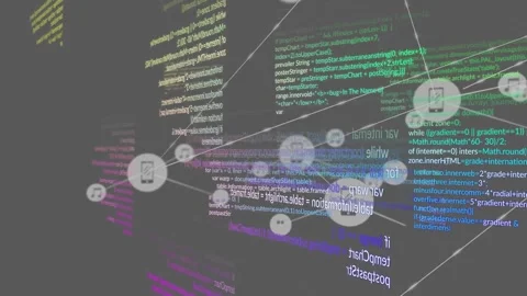 Animation of connected icons and multicolored computer language over black Stock Footage 247919762