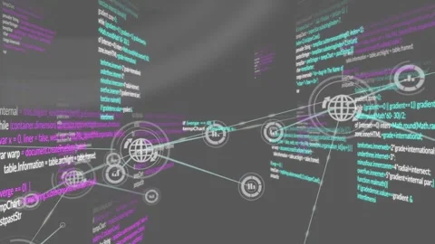 Animation of connected icons and multicolored computer language over black Stock Footage 330175469