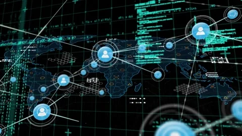 Animation of connected icons and programming language on map against black backg Vidéo 227417666