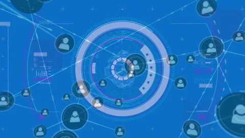 Animation of connected icons, arc reactor and abstract pattern over blue Stock Footage 247965515