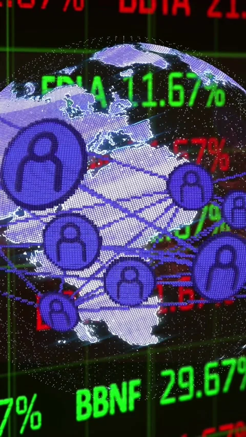 Animation of connected icons around globe over trading board against abstract Stock Footage 341976647