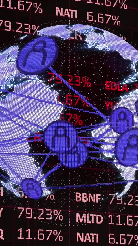 Animation of connected icons around globe over trading board against black Stock Footage 341976648