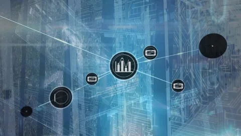 Animation of connected icons, binary codes, computer language, circuit board Stock Footage 232184097