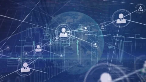 Animation of connected icons, binary codes, trading board, computer language, Stock Footage 246032905