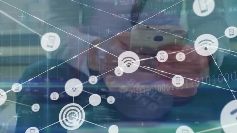 Animation of connected icons, binary codes, graphs, computer language, caucasian Stock Footage 255357734