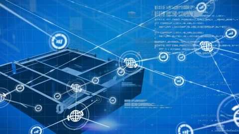 Animation of connected icons, binary codes and computer language over 3d model Stock Footage 256065842