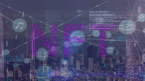 Animation of connected icons, binary codes and computer language over aerial Stock Footage 326036711