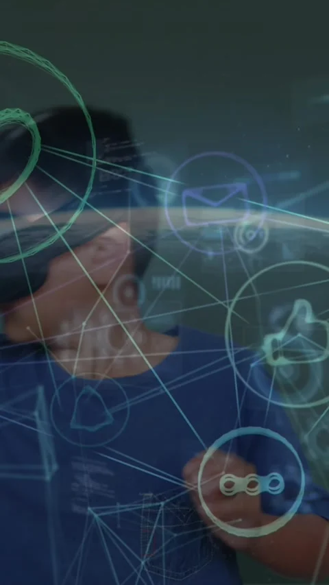 Animation of connected icons, codes, globe over caucasian boy playing while 스톡 동영상 343682368