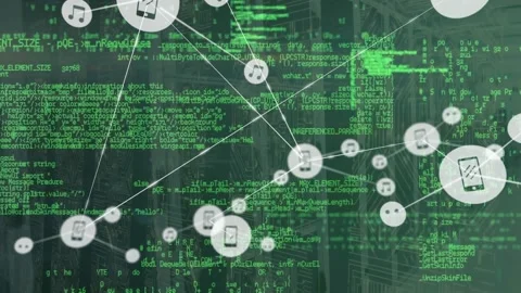 Animation of connected icons, computer language and circuit board pattern over s Stock Footage 227418040