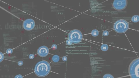 Animation of connected icons, computer language and binary codes over black 動画素材 247919760