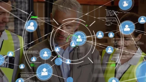 Animation of connected icons, computer language over caucasian coworkers talking Stock Footage 329291927