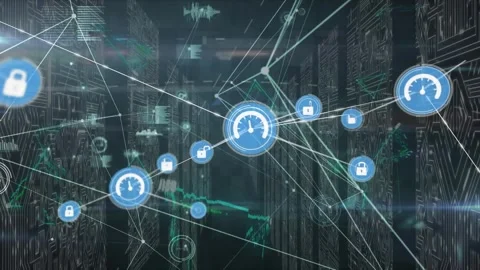 Animation of connected icons, dots forming shapes and circuit board pattern over Stock Footage 327060451