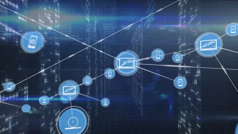 Animation of connected icons, falling bars, programming language and lens flares Stock Footage 315734095