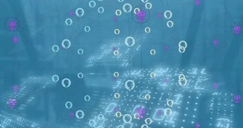 Animation of connected icons forming globe over binary codes and glass window in Stock Footage 246588859