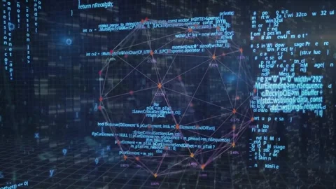 Animation of connected icons forming globe over lens flare and programming 스톡 동영상 327646027
