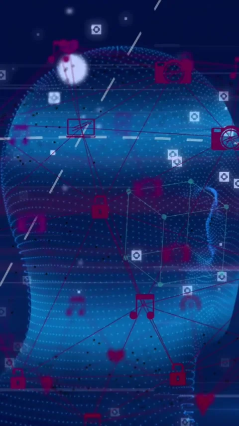 Animation of connected icons forming globe, human face and 3d cubes on abstract Stock Footage 344524955