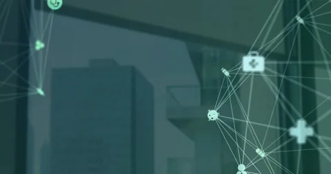 Animation of connected icons forming globes over glass window against buildings Vídeos de archivo 238060595