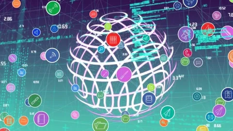 Animation of connected icons, globe and computer language against blue Stock Footage 328015587
