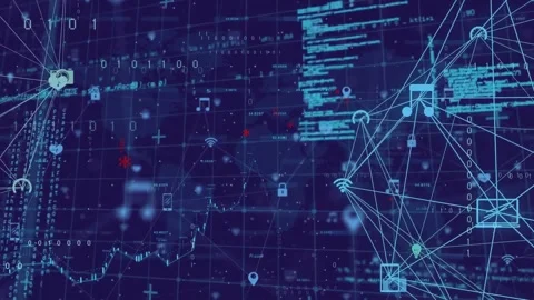 Animation of connected icons globe, binary codes and computer language over map Stock Footage 255357575