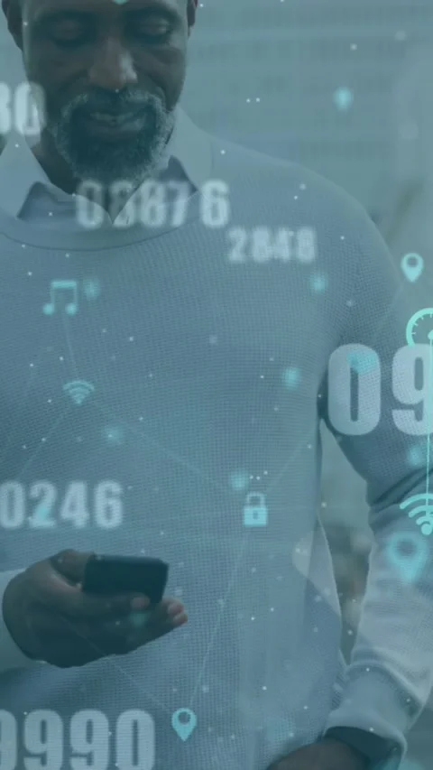 Animation of connected icons globes and numbers, senior african american man Stock Footage 344679366