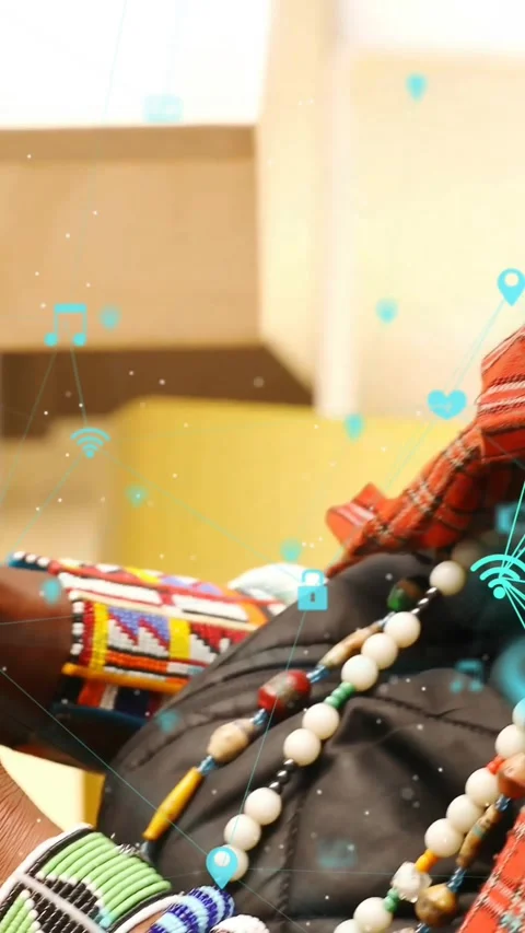 Animation of connected icons globes over african american man using smartphone Stock Footage 342953068