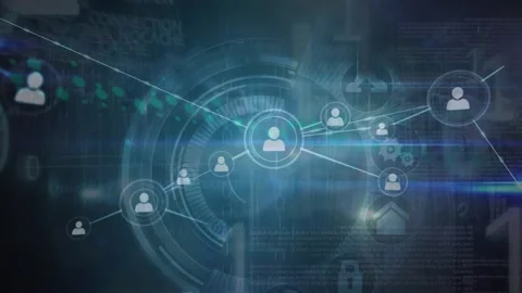 Animation of connected icons, graph, binary codes, data, circle, lens flare over Stock Footage 328149934