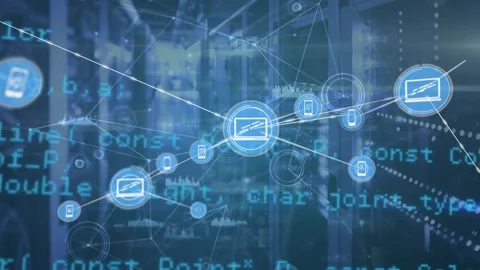 Animation of connected icons, graphs, lens flares and programming language 動画素材 327902016