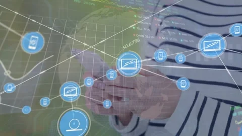 Animation of connected icons, graphs, trading board, caucasian woman scrolling Stock Footage 327527782