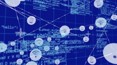 Animation of connected icons, grid pattern and computer language over blue Stock Footage 257071354
