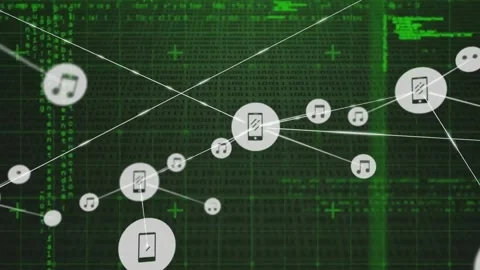 Animation of connected icons, grid pattern and computer language over abstract Stock Footage 257088126