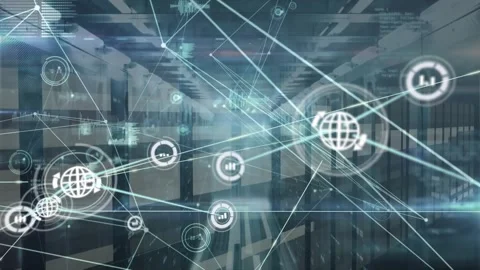 Animation of connected icons with illuminated graphs and codes over server room Stock Footage 330593939