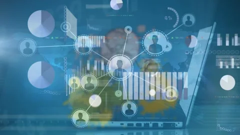 Animation of connected icons, infographic interface over cropped hands using Vidéo 327444630