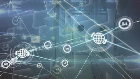 Animation of connected icons with lines over abstract pattern against corridor Stock Footage 229206301