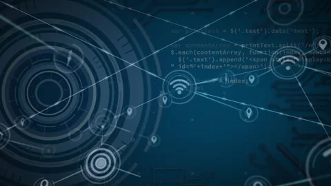 Animation of connected icons, loading circles and computer language over blue Stock Footage 247965506