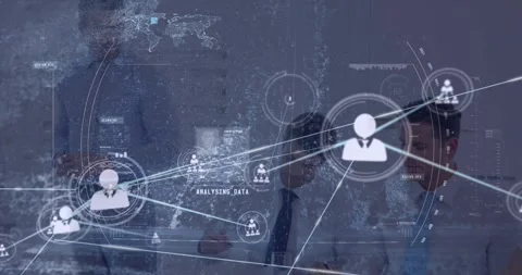 Animation of connected icons, map and aerial view of vehicles, diverse coworkers Stock Footage 329511317