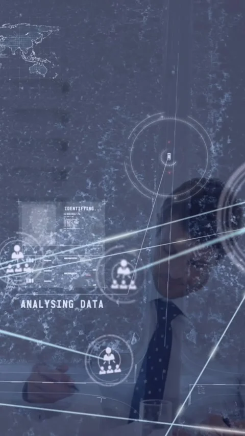 Animation of connected icons, map and aerial view of vehicles, diverse coworkers Stock Footage 344284128