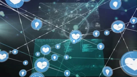 Animation of connected icons, multiple infographic interface and lens flares on Stock Footage 327444802