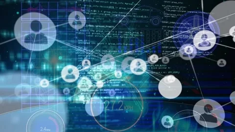 Animation of connected icons, numbers, circles and programming language on Vidéo 229336467